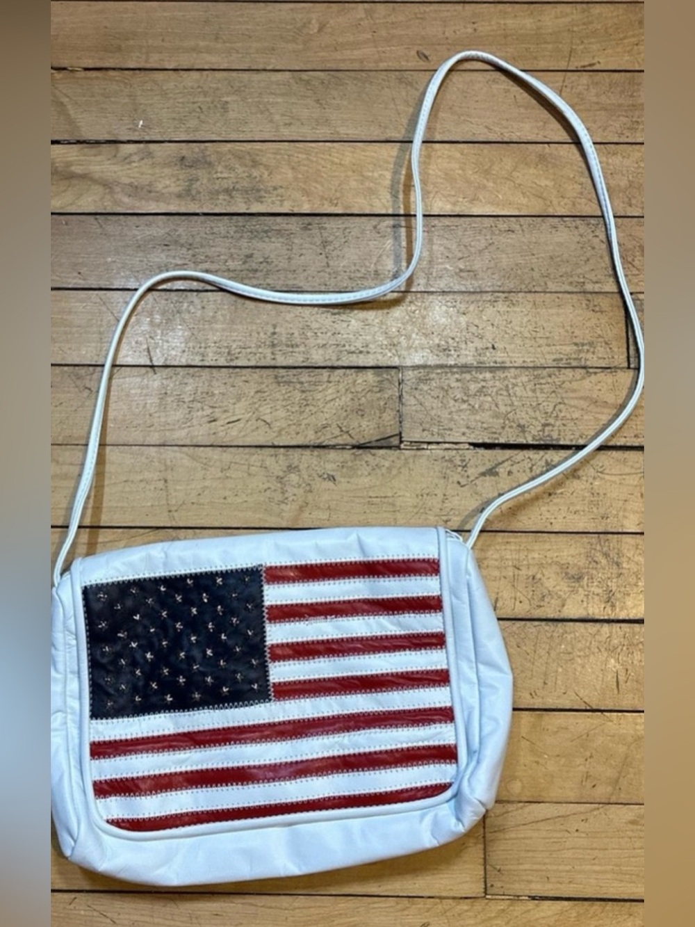 White Leather Crossbody/shoulder Bag with American Flag Embroidered